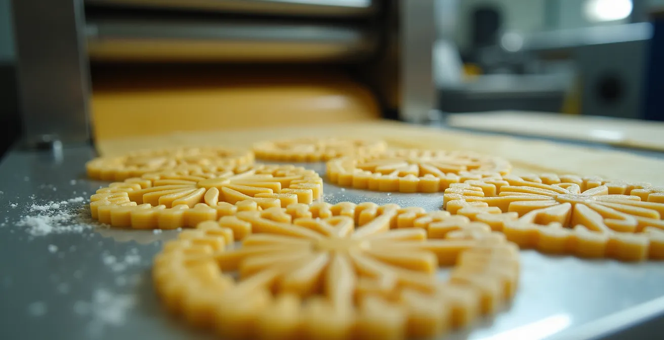 Makroaufnahme eines 3D-gedruckten Prägestempels mit Nudelmaschine im Hintergrund