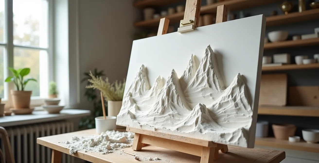 Weitwinkelaufnahme einer 3D-Landschaft aus Hartschaum mit Acrylstrukturen