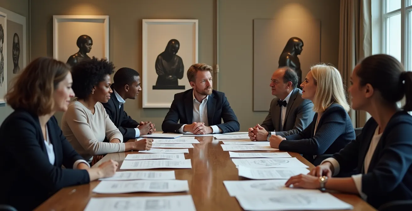 Ankaufskommission bei der Begutachtung zeitgenössischer Kunstwerke in einem Sitzungssaal.