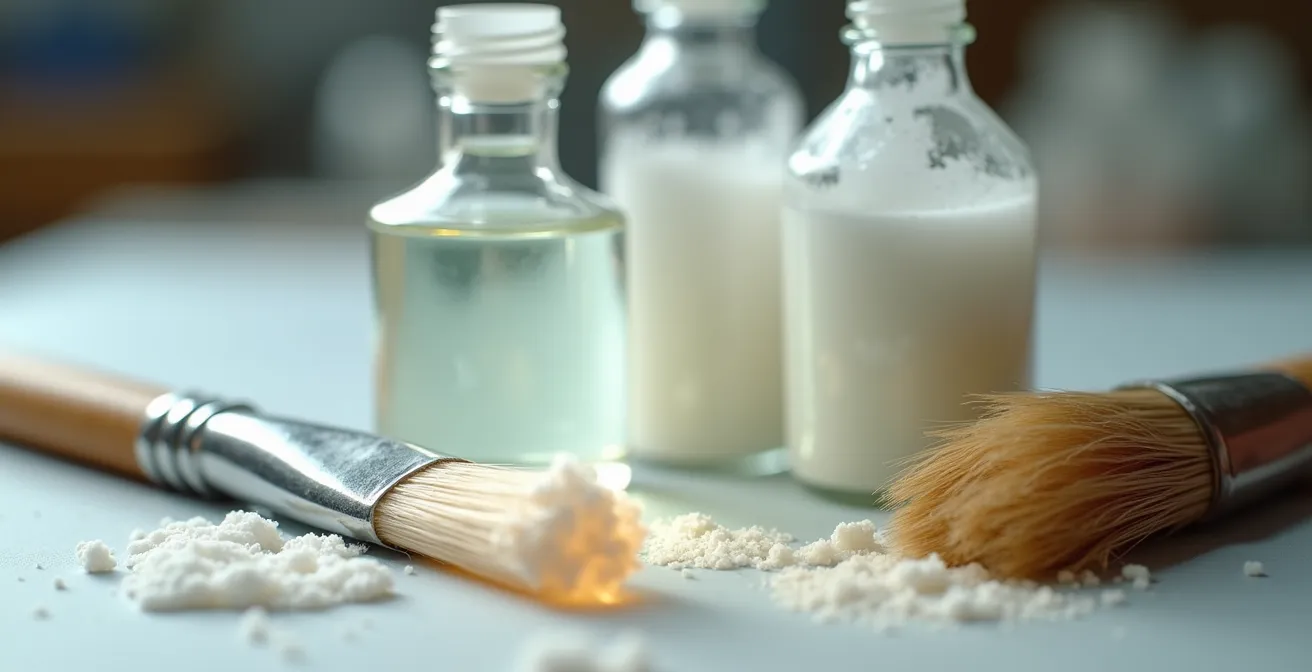 Makroaufnahme von verschiedenen Archiv-Klebstoffen und Pinseln, die die professionelle Auswahl für Collagen verdeutlichen.