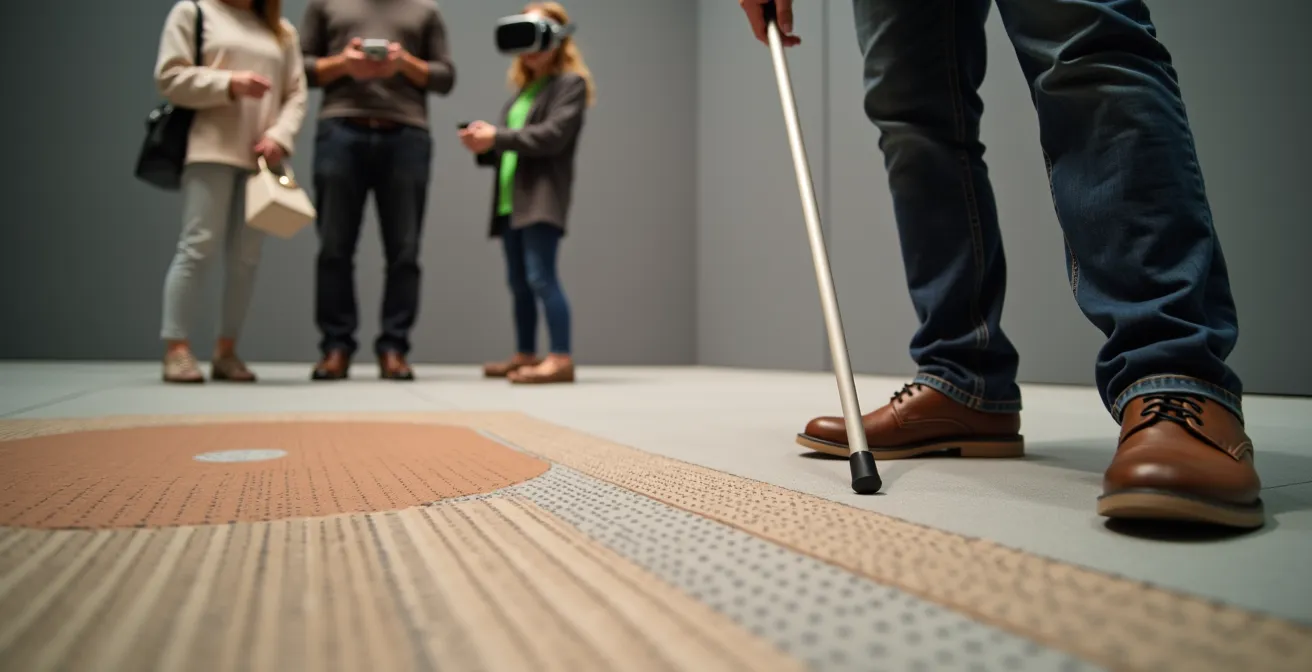 Museumraum mit taktilen Bodenleitsystemen und VR-Station, Person mit Blindenstock erkundet den markierten Bereich