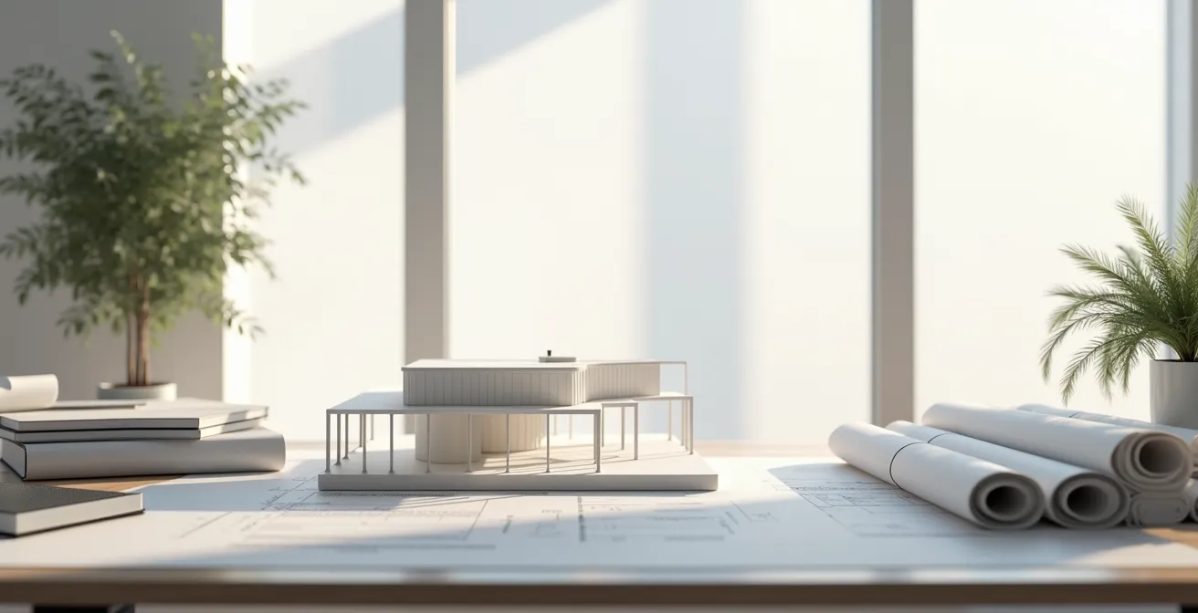 Architektonische Pläne und Bauvorschriften auf einem Arbeitstisch, die die Wichtigkeit der Machbarkeitsprüfung symbolisieren.