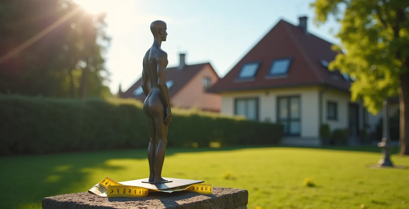 Eine moderne Metall-Gartenskulptur in einem deutschen Vorstadtgarten, die den Kontext von Bauvorschriften und Grundstücksgrenzen symbolisiert.