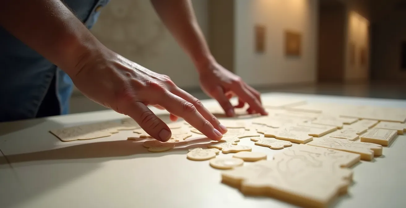 Eine Hand wird behutsam über ein taktiles Relief im Museum geführt