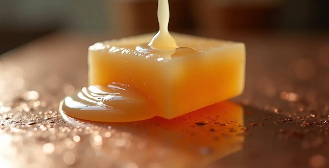 Makroaufnahme von Bodenseife auf einer Kupferplatte mit sichtbarer Textur