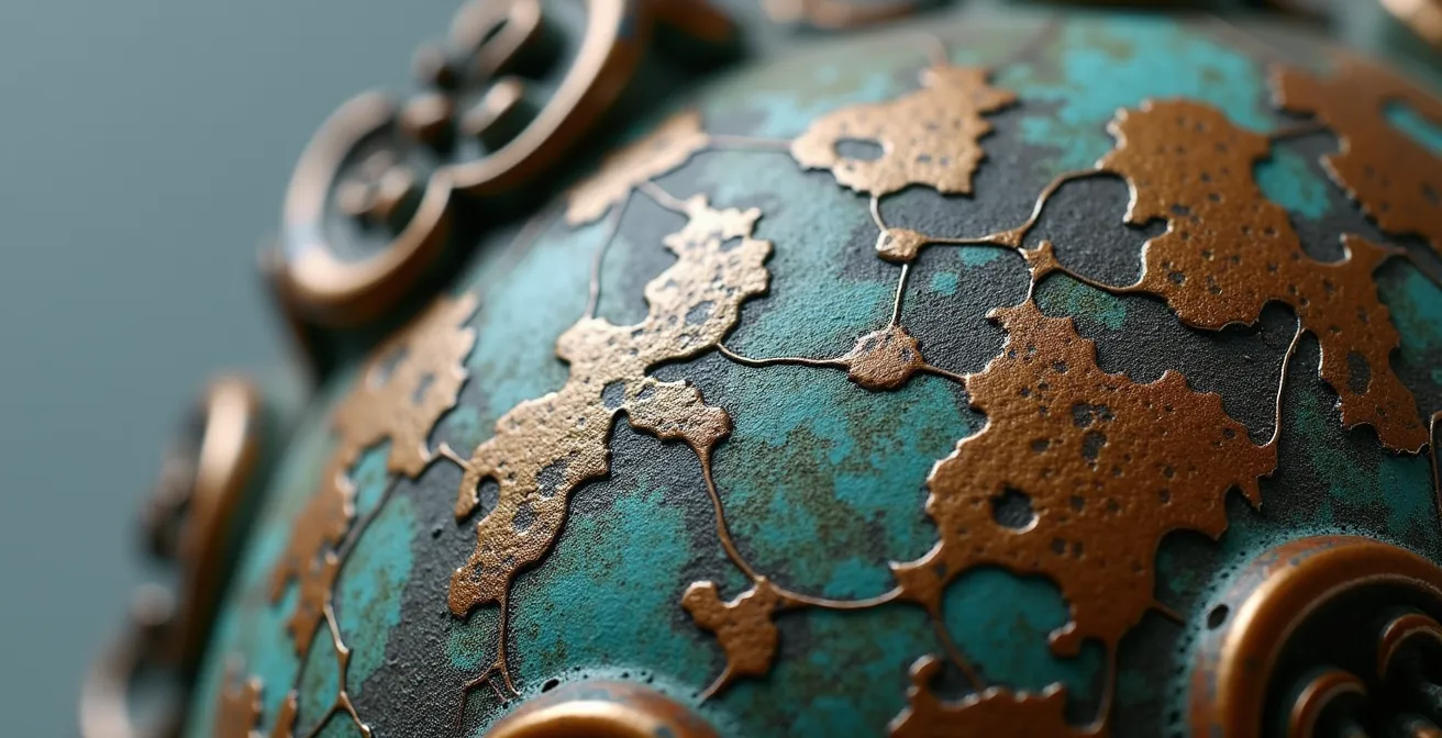 Nahaufnahme der texturierten Oberfläche einer edlen Bronzepatina mit verschiedenen Oxidationsstufen in Braun- und Grüntönen.