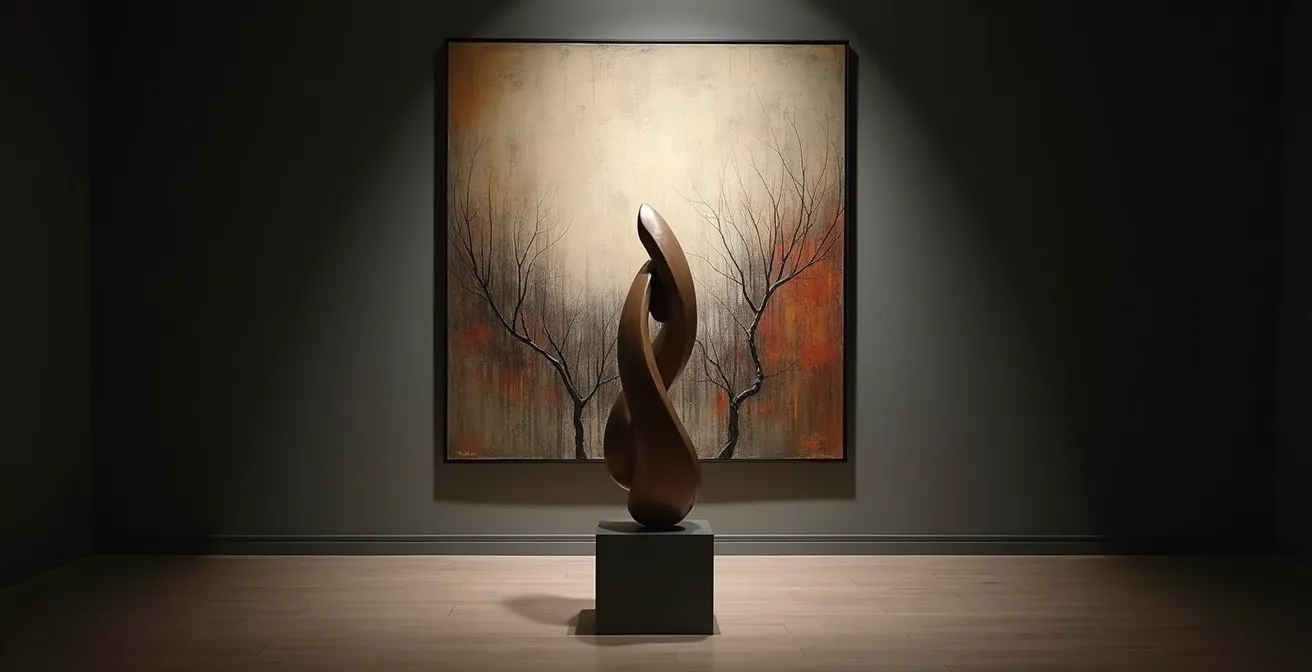 Kunstvoller Dialog zwischen einem abstrakten Gemälde und einer organischen Skulptur durch gezielte Beleuchtung