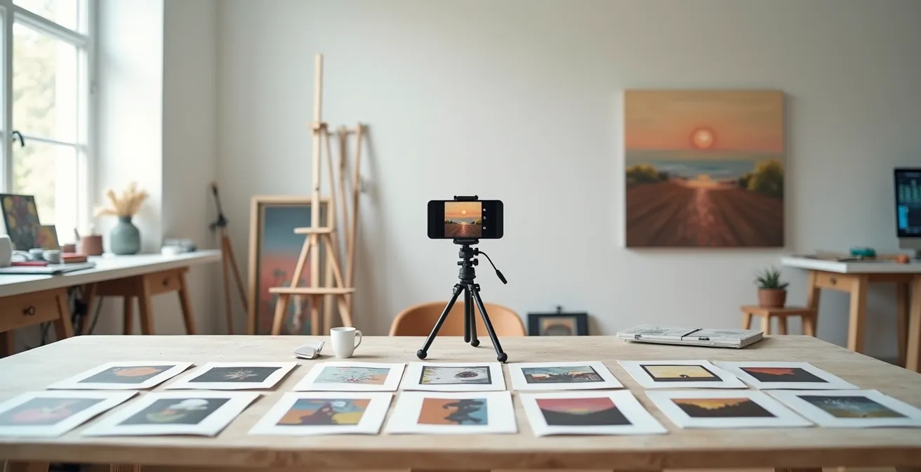 Ein aufgeräumter Atelier-Arbeitsplatz, auf dem ein Smartphone auf einem Stativ ein im Entstehen begriffenes Gemälde fotografiert.