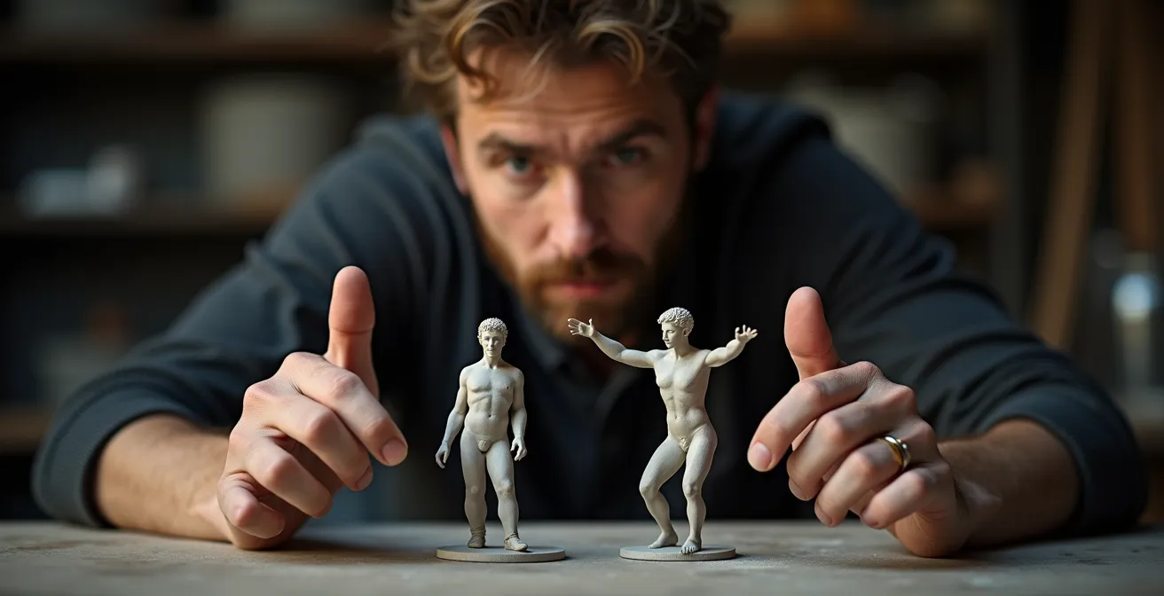 Vergleich zwischen einfacher und komplexer Pose mit Darstellung der benötigten Formteile