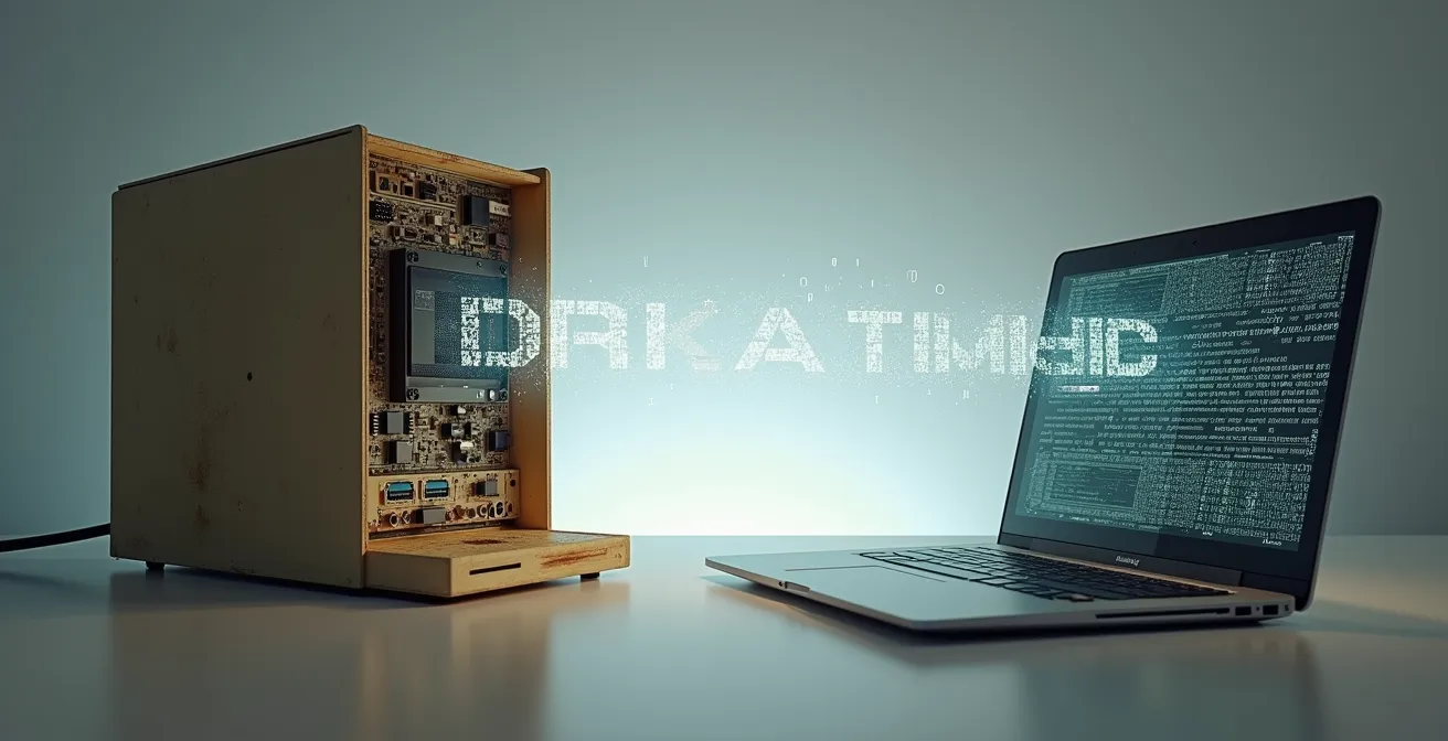 Symbolische Darstellung der Emulation von 1990er Software auf modernen Computern durch eine Brücke aus Binärcode.