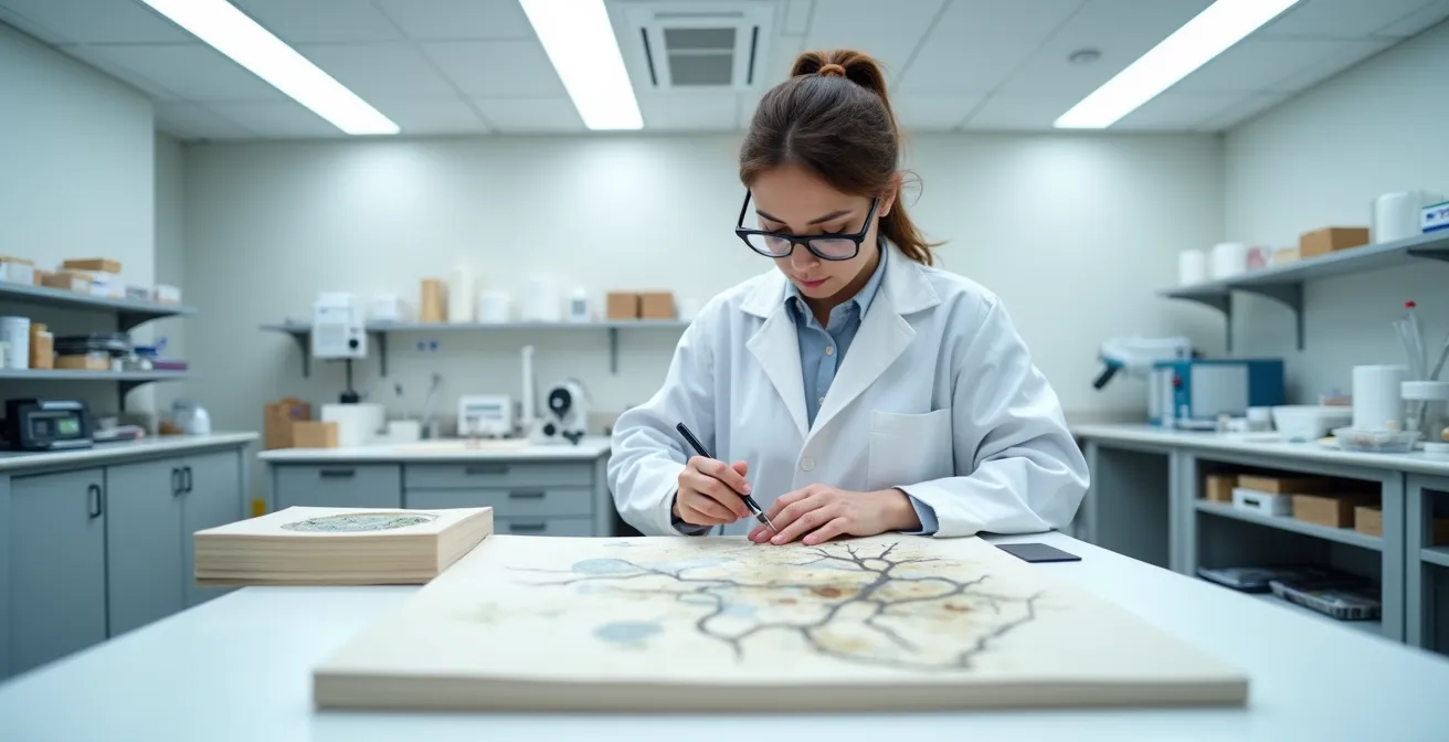 Kunstrestaurator arbeitet an empfindlichem Mixed-Media-Kunstwerk