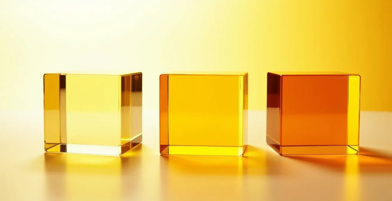 Vergleich von drei Epoxidharz-Proben in verschiedenen Vergilbungsstadien