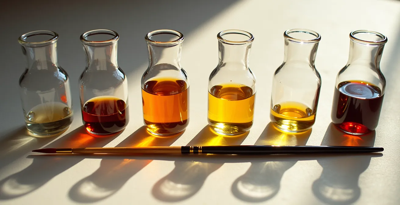 Querschnitt eines mehrschichtigen Ölgemäldes zeigt die Regel fett auf mager