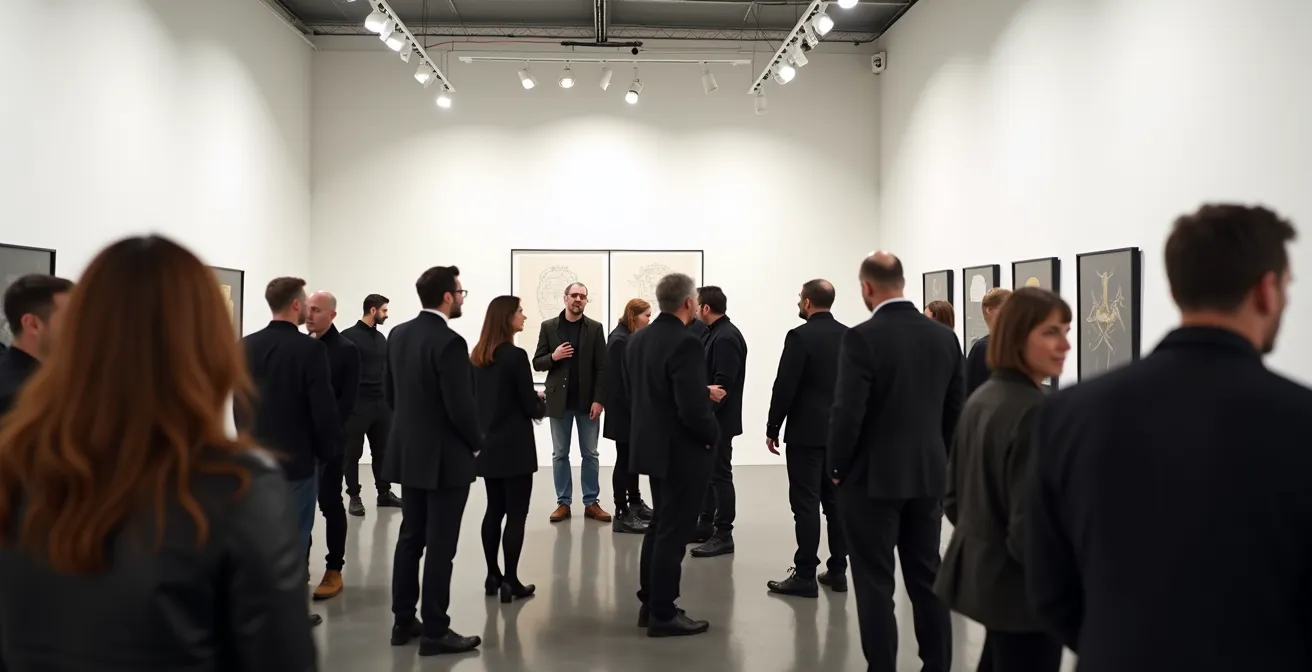 Galeriebesucher in typischer Berliner Kunstszene-Kleidung bei Vernissage