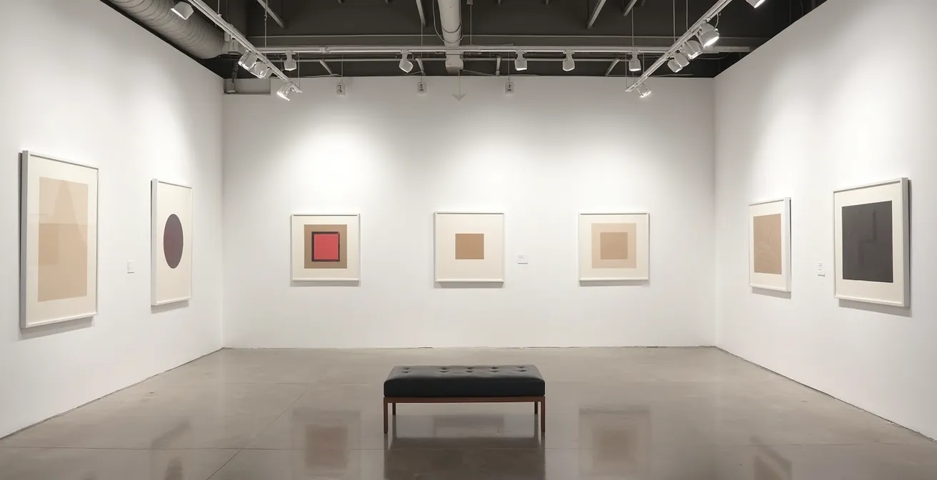 Moderner Galerieraum mit Kunstwerken an weißen Wänden und professioneller Beleuchtung