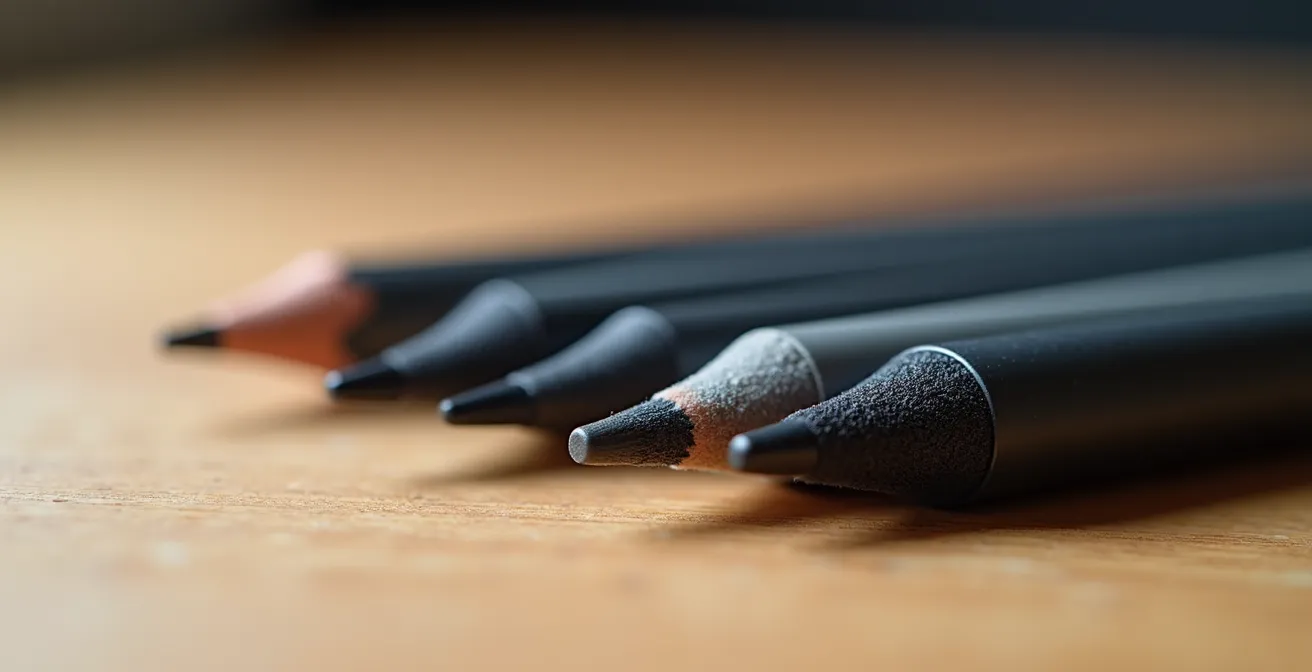 Makroaufnahme verschiedener Stiftspitzen und einer grafischen Darstellung von Druckkurven-Einstellungen