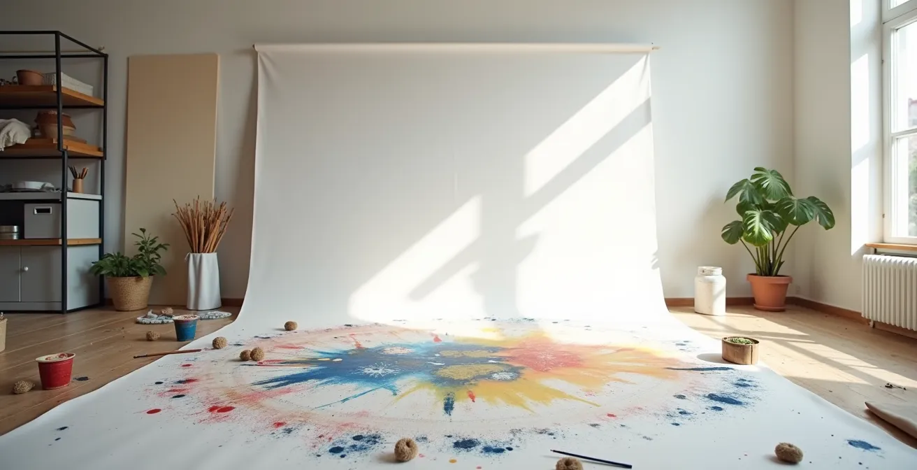 Nahaufnahme von Händen, die direkt mit bunten Acrylfarben auf großer Leinwand arbeiten