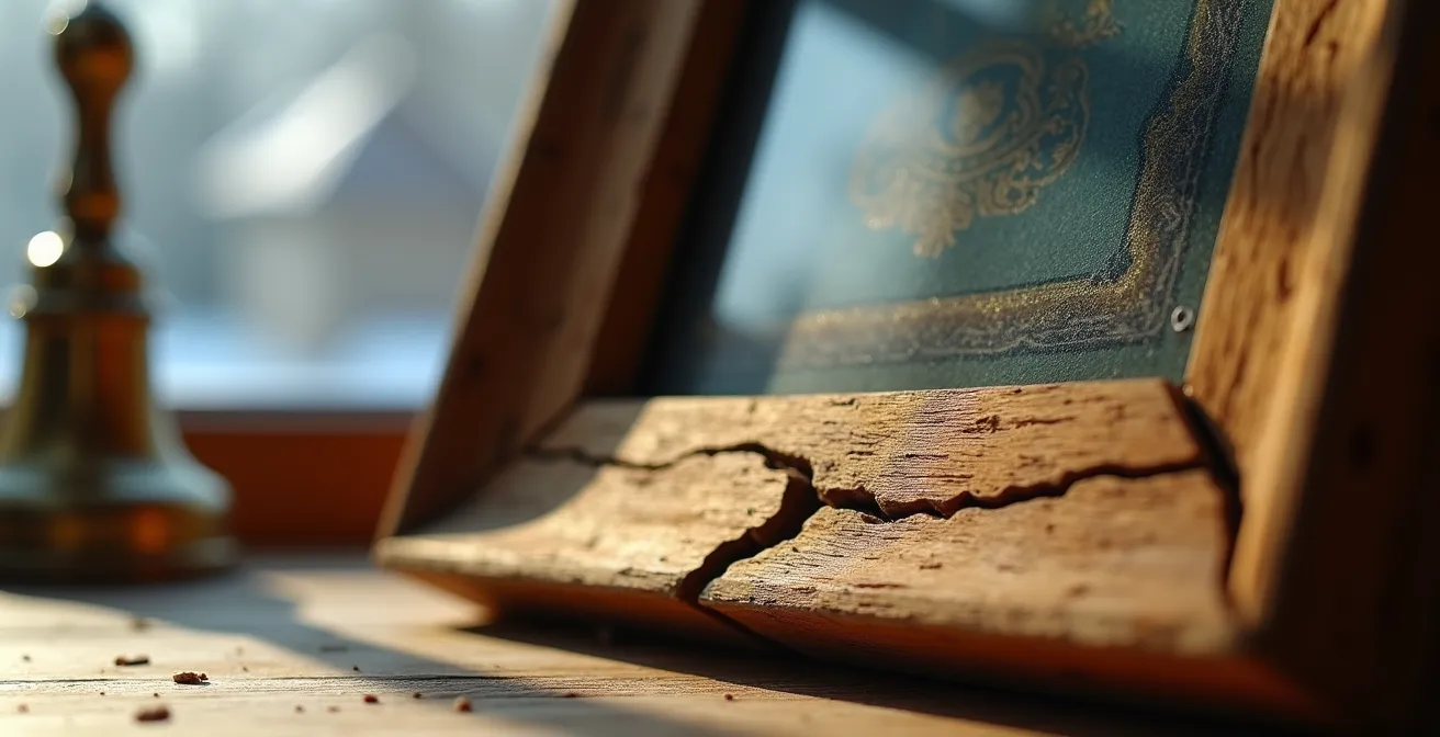 Makroaufnahme eines gerissenen Holzrahmens mit Hygrometer im Hintergrund