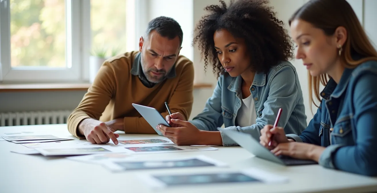 Kuratoren begutachten Kunstwerke in einer jurierten Ausstellung, was den professionellen Auswahlprozess symbolisiert