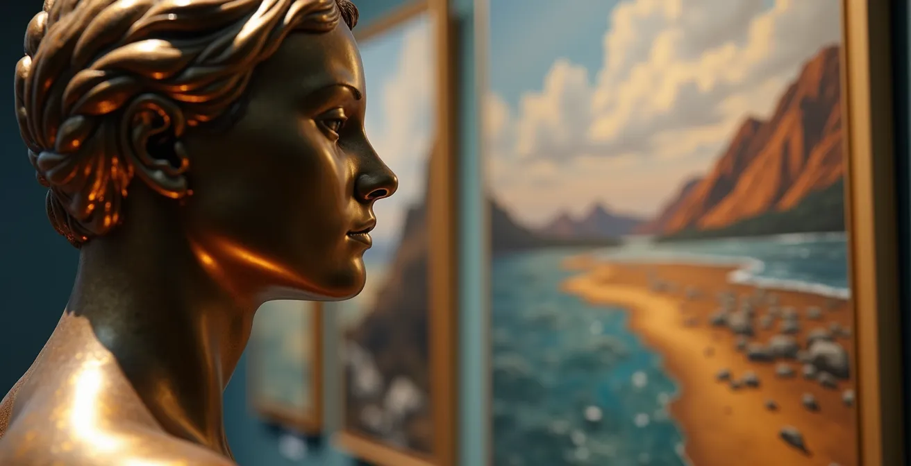 Kompakter Galerieraum mit geschickter Zonierung, Skulptur im Vordergrund, Gemälde an seitlichen Wänden, gezielte Lichtführung