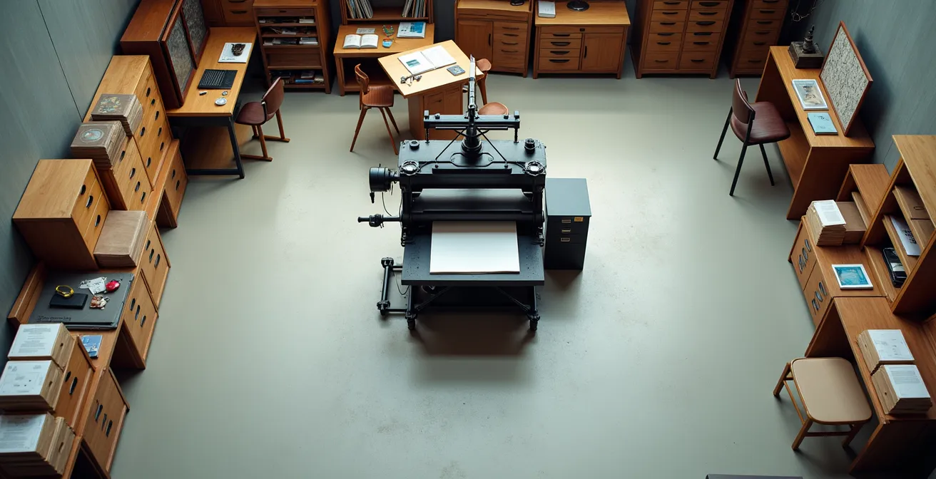 Übersicht einer kompakten 15qm Druckwerkstatt mit modularen Möbeln