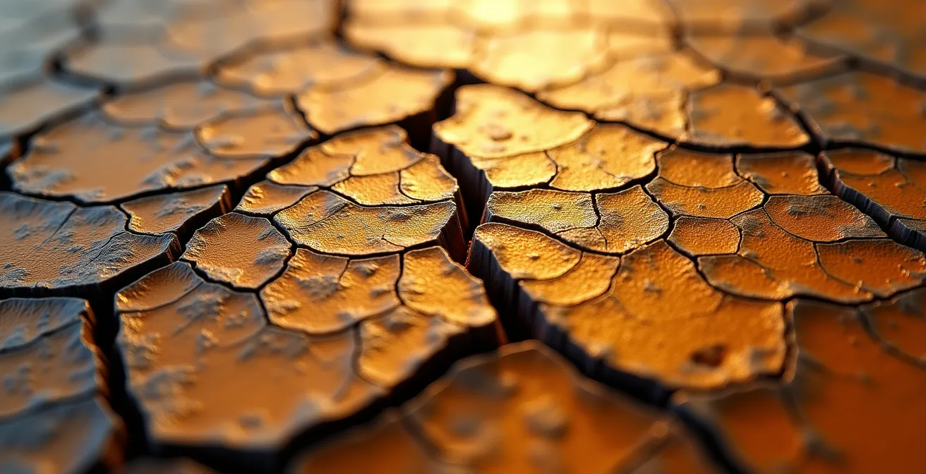 Makroaufnahme von Rissen und Krakelee in einer Ölmalerei durch falsche Schichttechnik