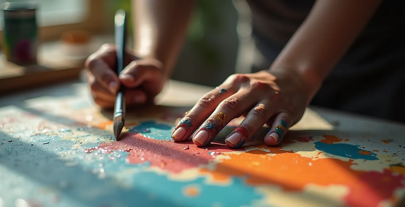 Nahaufnahme von Künstlerhänden bei der Überarbeitung eines Gemäldes, die einen Moment kreativen Zweifels einfängt