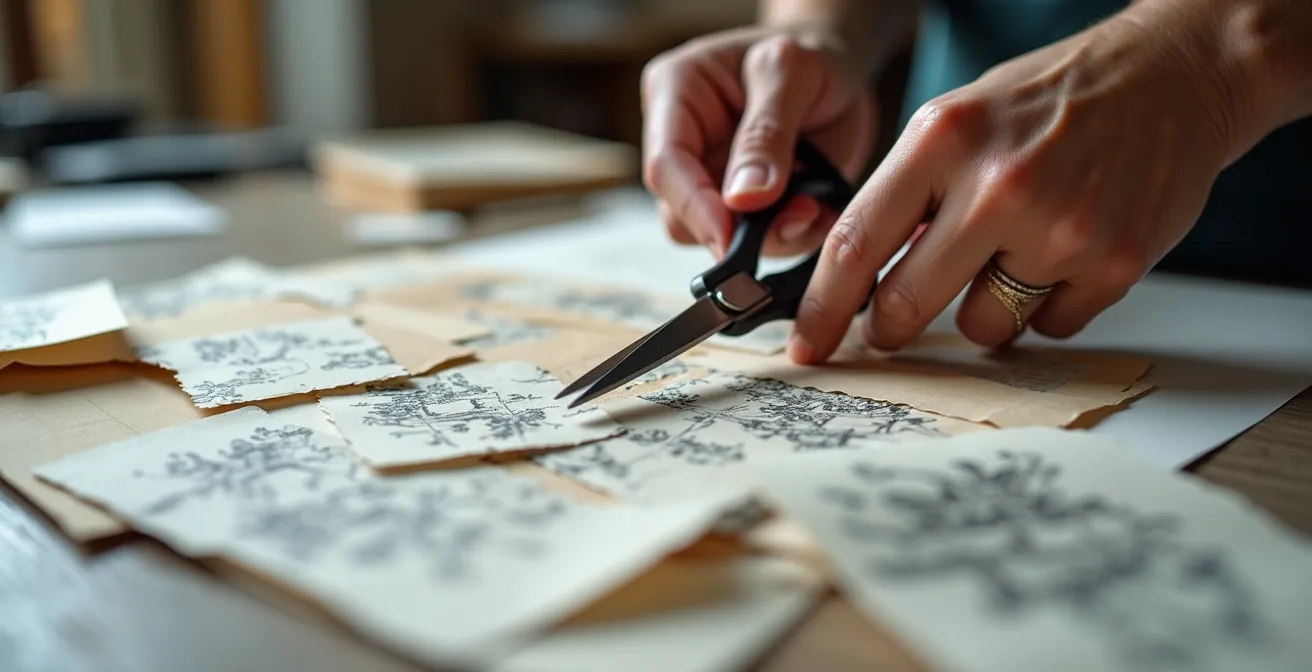 Makroaufnahme von Händen, die Papierschnipsel für eine künstlerische Collage schneiden und anordnen.