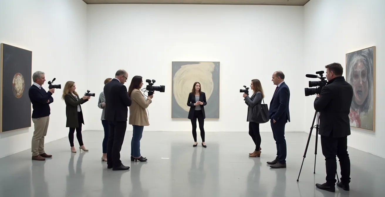 Künstler im Gespräch mit Journalisten in professionellem Setting