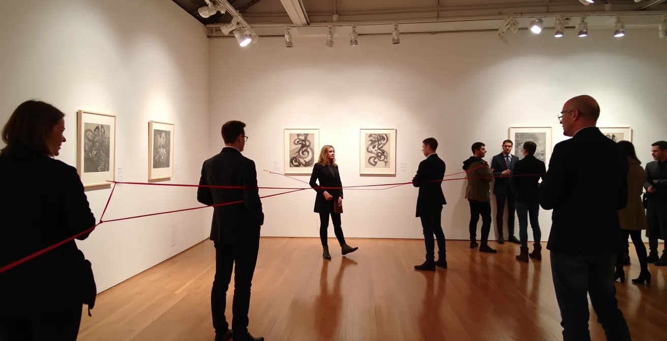 Symbolische Darstellung eines Netzwerks in einem Kunstverein mit einem roten Faden, der Werke und Besucher verbindet.