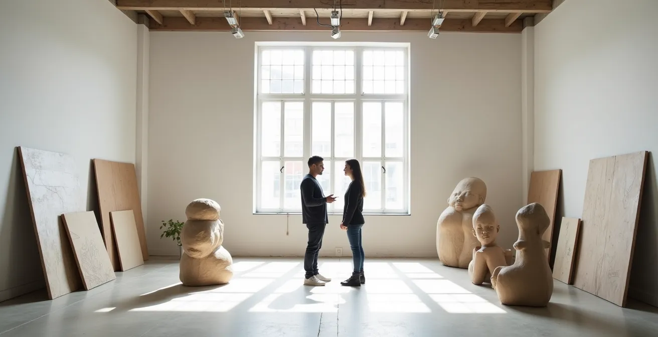 Respektvolles Gespräch zwischen Kurator und Künstler im Atelier