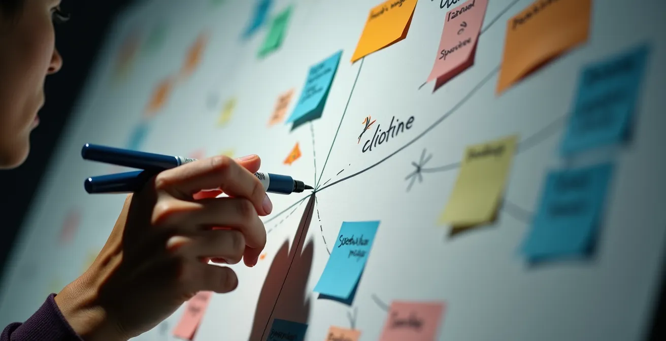 Nahaufnahme einer Hand, die konzeptuelle Verbindungslinien zwischen verschiedenen Kunstwerken auf einer Planungstafel zeichnet