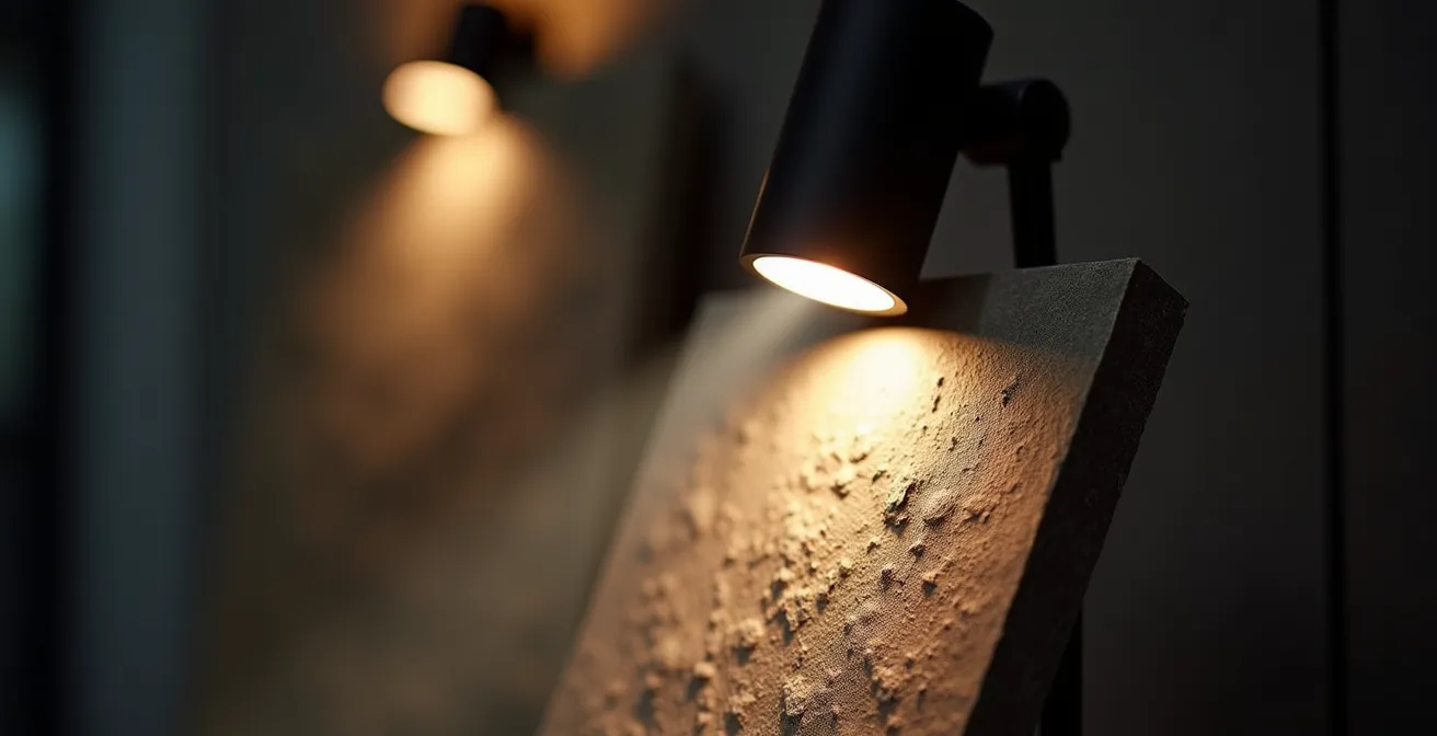 Ein gerichteter LED-Spot beleuchtet eine Skulptur und erzeugt einen dramatischen Schattenwurf, der die Textur hervorhebt.