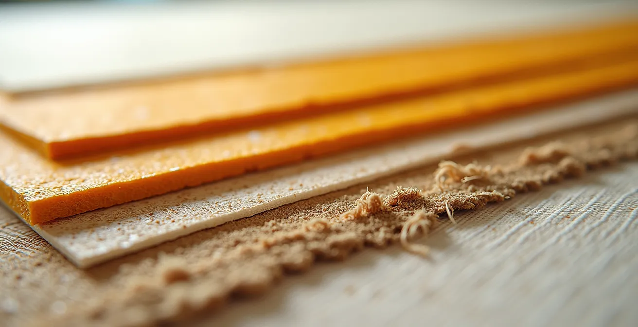 Nahaufnahme verschiedener Grundierungsschichten auf Leinwand im Querschnitt