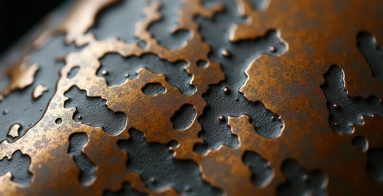 Extreme Nahaufnahme einer bronzenen Oberfläche mit Patina und subtilen Fingerabdrücken