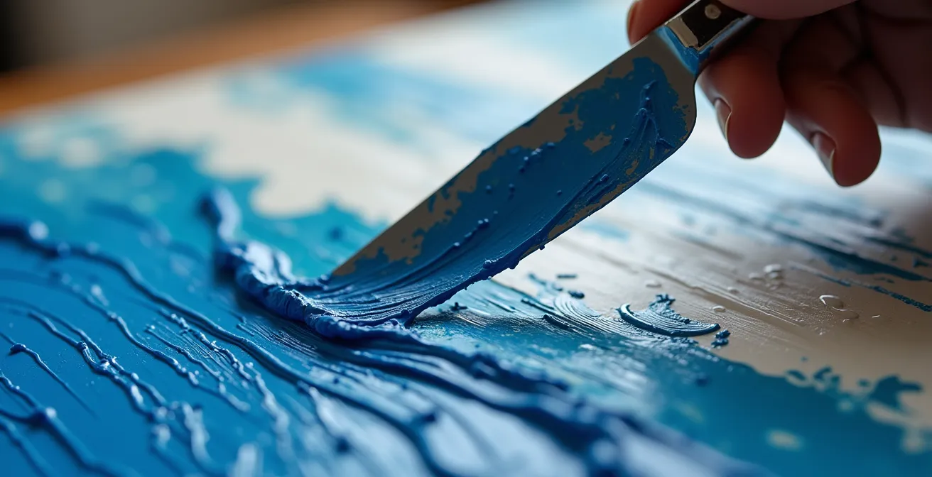 Künstlerhand mit Malmesser erzeugt dynamische Spuren in dicker Acrylfarbe