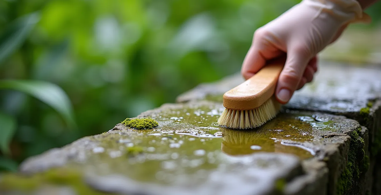 Nahaufnahme einer schonenden Moosreinigung an einer historischen Sandsteinskulptur mit einer weichen Bürste.