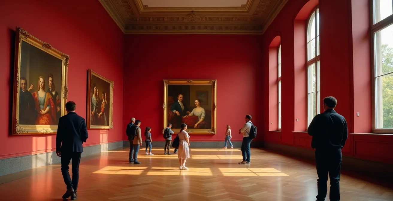 Museumsraum mit satten pompejanisch-roten Wänden, goldgerahmte Gemälde des 19. Jahrhunderts, warmes Seitenlicht