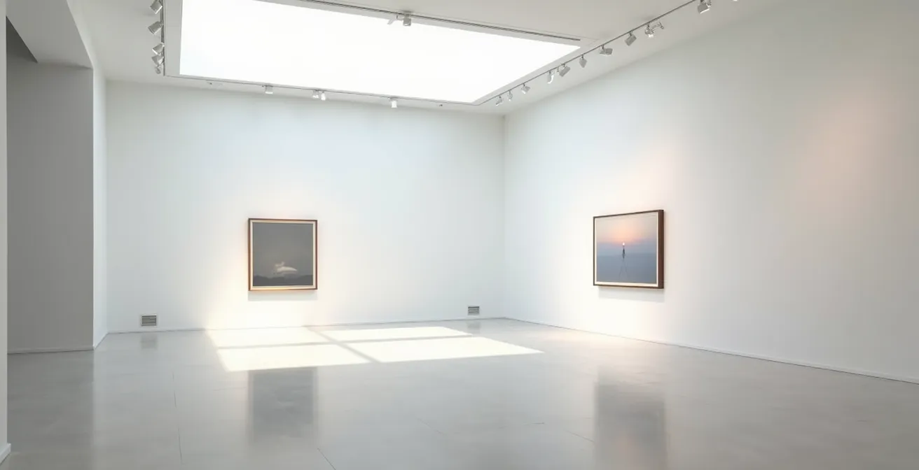 Weitwinkelaufnahme eines minimalistischen Museumsraums mit einzelnem Kunstwerk im goldenen Licht