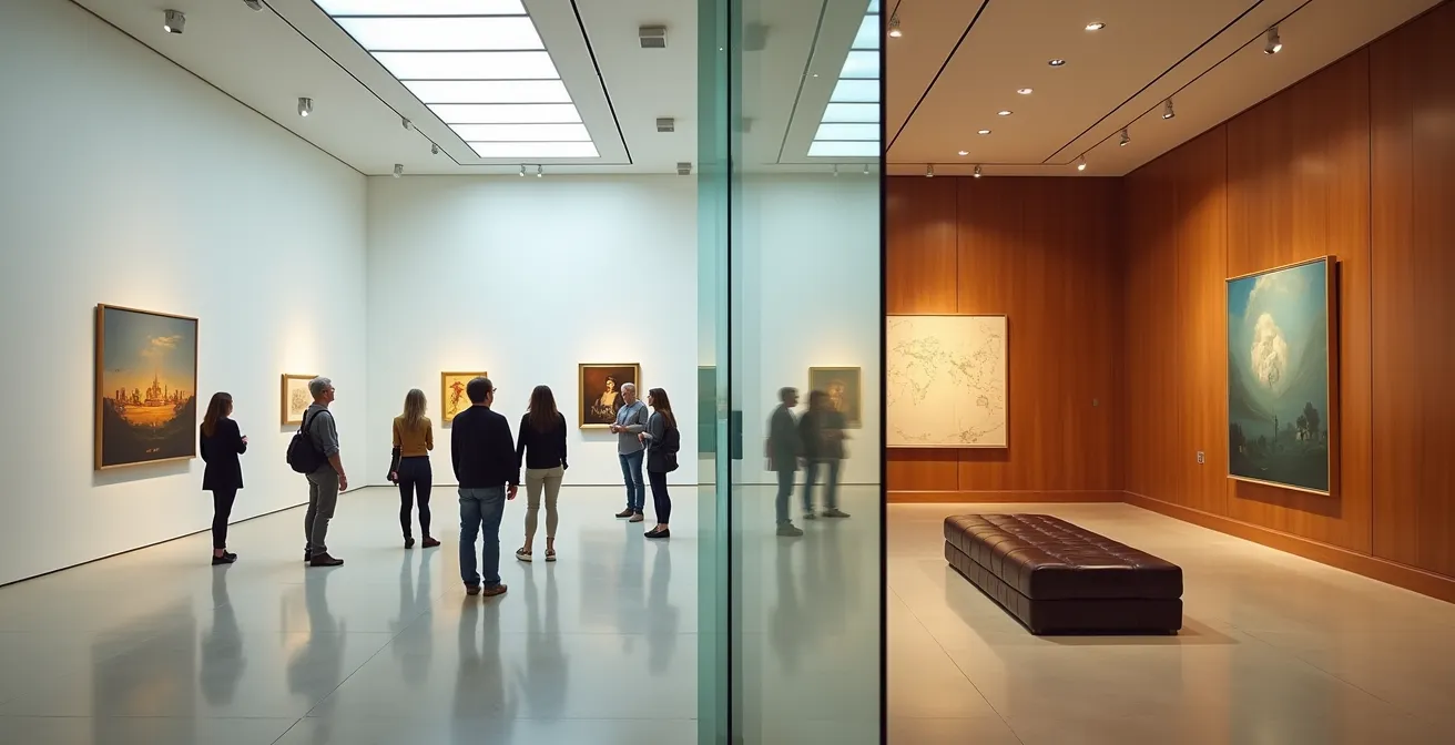 Geteilte Ansicht eines Museums und einer privaten Stiftung mit Kunstwerken