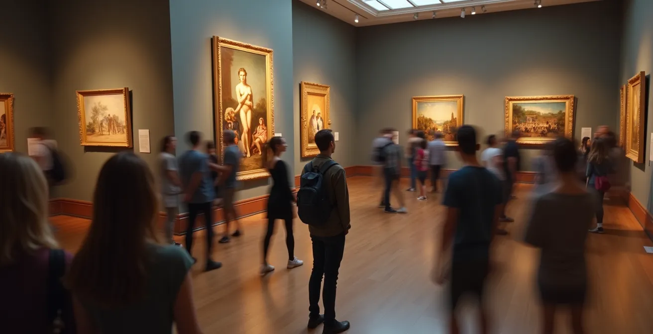 Ein Museumsraum von oben, in dem eine Menschenmenge als Bewegungsunschärfe um ein berühmtes Werk fließt, während eine einzelne Person in einer ruhigen Ecke ein unbekanntes Bild betrachtet.