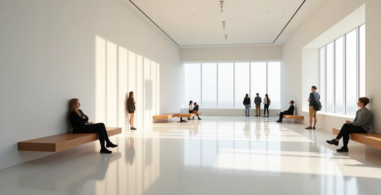 Minimalistischer Ruhebereich in einem Museum mit sich ausruhenden Besuchern