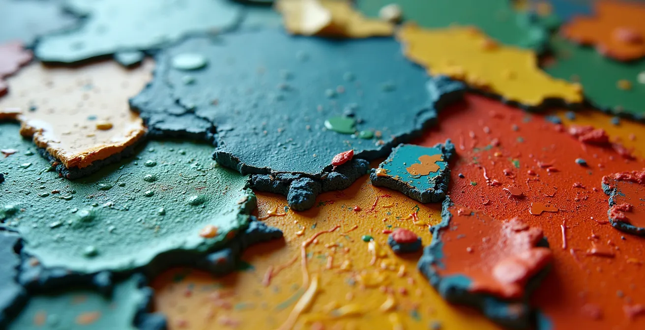 Mehrschichtige Farbschichten auf Leinwand symbolisieren die iterative Entwicklung von Geschäftsstrategien und die Akzeptanz des Scheiterns als Teil des Prozesses.