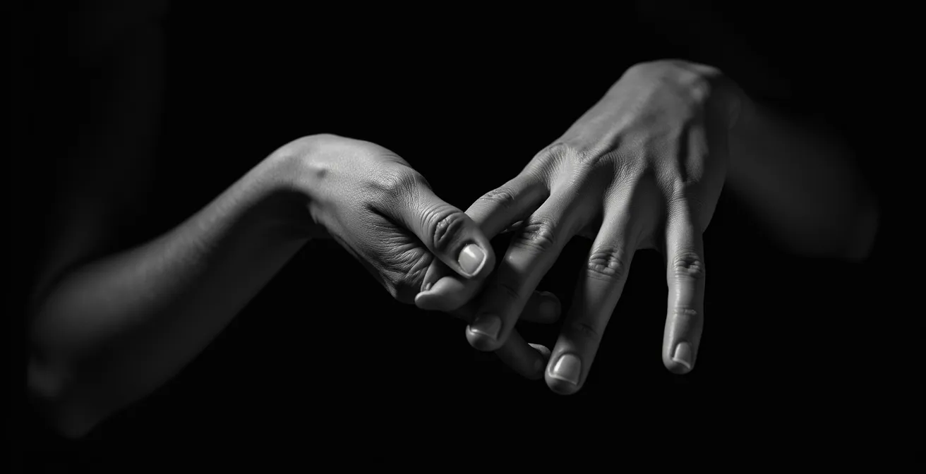 Nahaufnahme der Hände eines Performance-Künstlers in Bewegung, mit Fokus auf die körperliche Intensität und Verletzlichkeit der Kunstform.