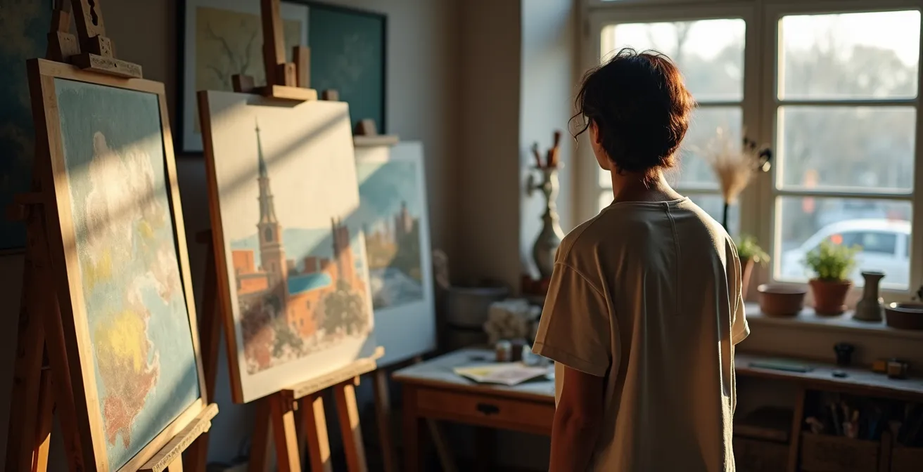 Künstlerisches Atelier mit verschiedenen Stilrichtungen und rechtlichen Symbolen