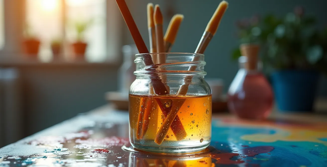 Makroaufnahme von Künstlerpinseln, die in einem Glas mit klarem Wasser gereinigt werden, wobei sich Farbschlieren meditativ auflösen.