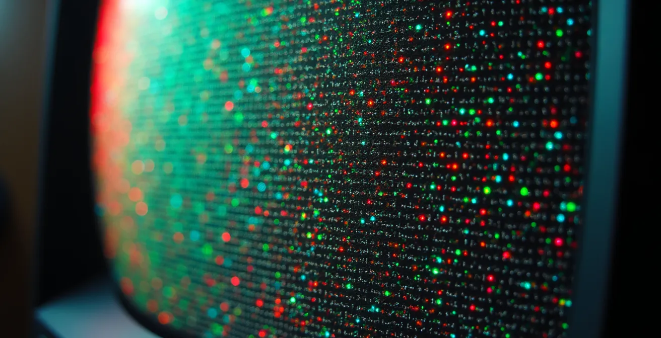Extreme Nahaufnahme einer CRT-Bildschirmoberfläche, die das Muster der RGB-Phosphorpunkte zeigt und die physische Materialität digitaler Kunst verdeutlicht.