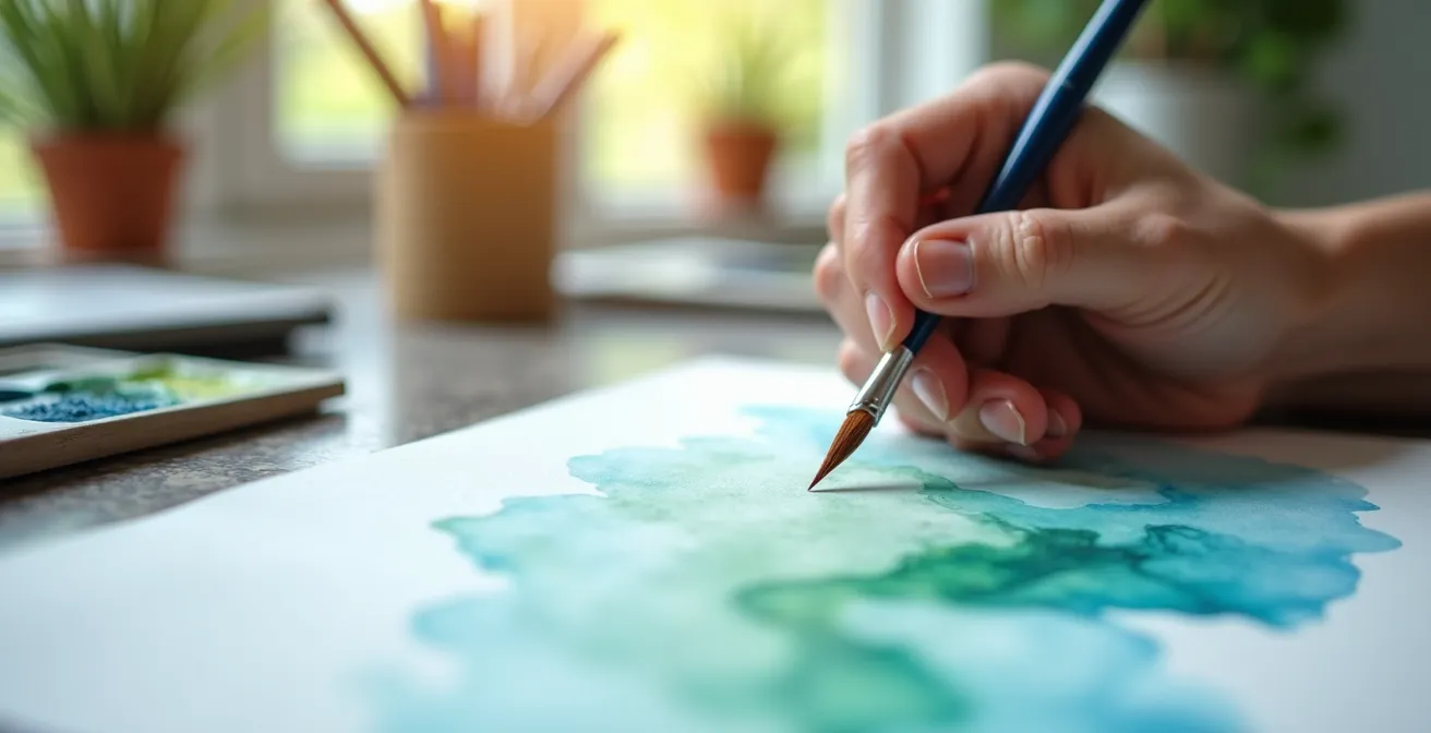 Hand mit Pinsel in fließender Bewegung über Aquarellpapier mit sanften Farbverläufen