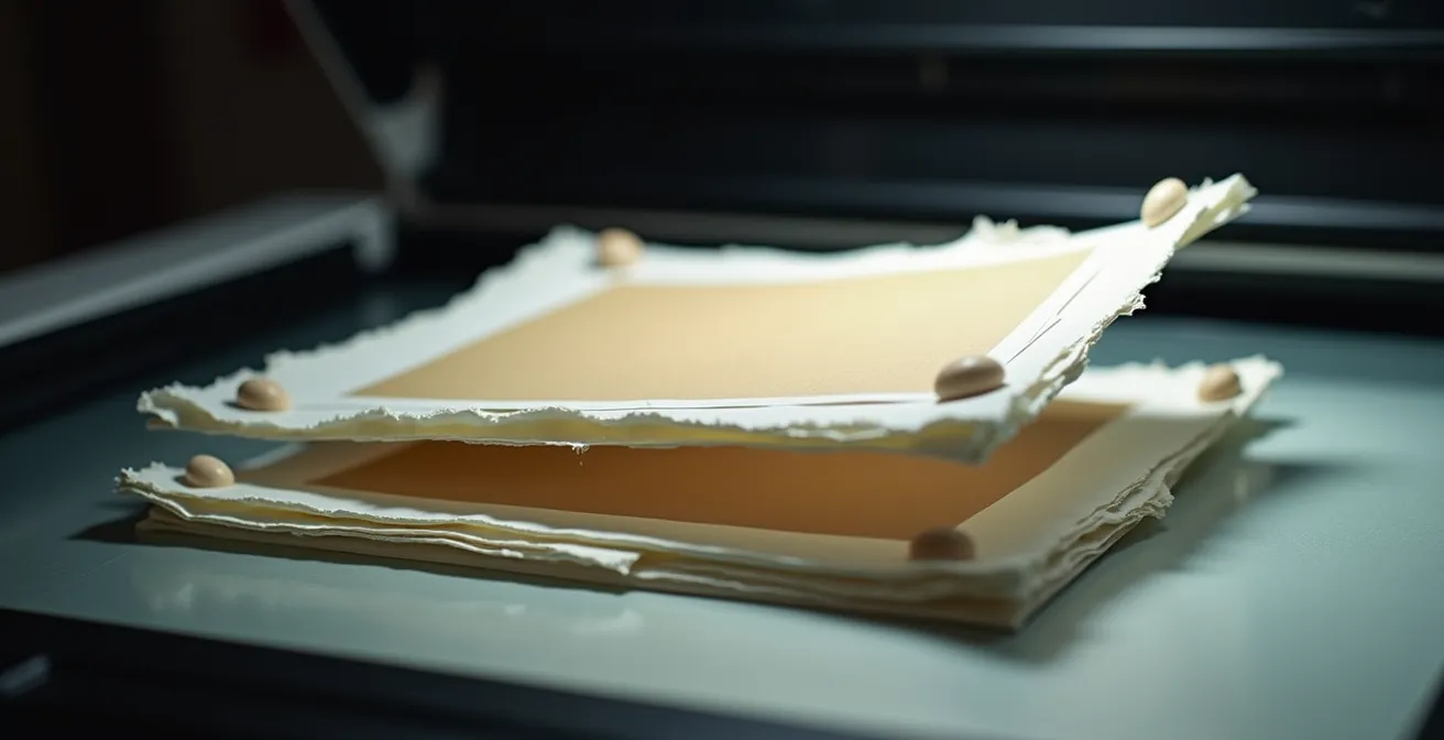 Seitliche Ansicht einer Collage, die mit der Floating-Technik über einem Scannerglas schwebt und dabei natürliche Schatten wirft.