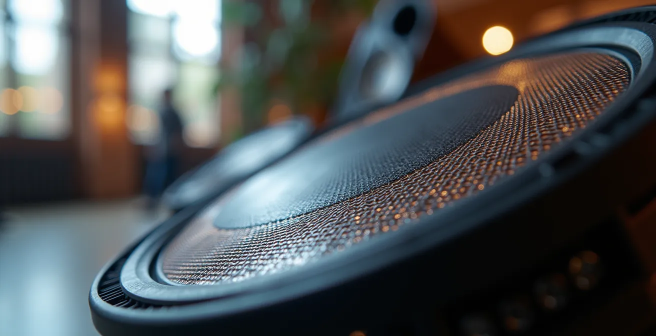 Nahaufnahme einer Schalldusche-Installation, die einen fokussierten Audiobereich in einem Museum erzeugt.